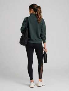 Ensemble de survêtement 2 en 1 pour femme, sweat-shirt vert à demi-zip et leggings en mesh noir - Product Image 2