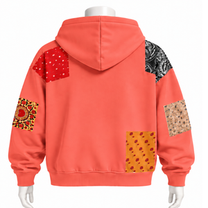 Sudadera con capucha y cremallera completa de patchwork de tapicería coralina, oversize, con estampado de parches, estilo casual streetwear, unisex - Product Image 2