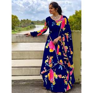 VESTIDO DE TRABAJO CON ESTAMPADO DIGITAL FLORAL DE GEORGETTE Y DUPATTA MANGA COMPLETA COSTURA AZUL MARINO - Product Image 1