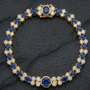 18K Gold Sapphire and Diamond Tennis Bangle Oval Blue Stone <b>Bracelet</b> Round Brilliant Jewelry for Wedding Party - Product Image 2