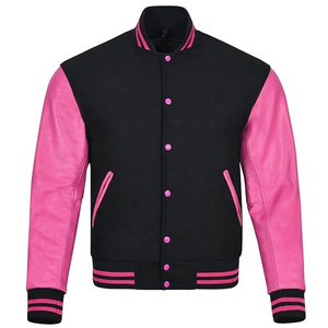 <b>Men's</b> Black Pink Color Blocking Varsity <b>Jacket</b> PU Material Stand Collar Casual Autumn Wear Regular Fit - Product Image 1