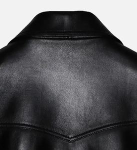 Blouson moto en cuir noir pour homme, col rabattu, fermeture éclair, coupe classique, couleur unie, style motard, vêtement d'automne - Product Image 5