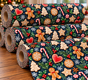 Tela con Patrón de Galletas de Jengibre y Bastones de Caramelo Navideños, Azul Marino, Material de Costura de Algodón para las Fiestas - Product Image 2