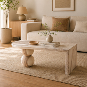 Artistic Solid Suar Wood Oval <b>Coffee</b> <b>Table</b>-Modern Design Ball <b>Leg</b> Support Structure Asymmetrical Surface Adjustable Height Easy - Product Image 5