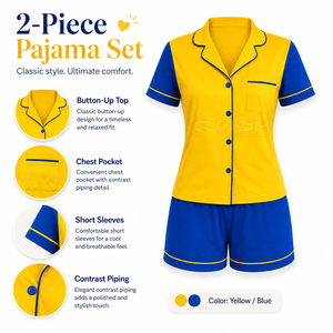 Ensemble de pyjama à manches courtes jaune et bleu avec logo personnalisé de la sororité Cosh International Sisterhood, avec boutons sur le devant et poche - Product Image 6