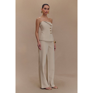 Haut corset asymétrique sans bretelles avec peplum et pantalon large, ensemble deux pièces en champagne - Product Image 2