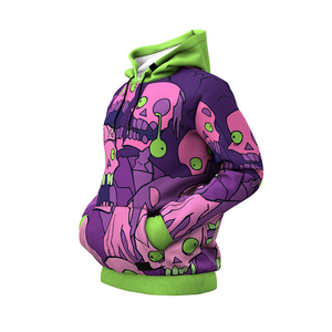 Sudadera con Capucha para Hombre, Color Morado y Rosa con Calaveras, Corte Regular, Informal, para Otoño, Tejida, con Bolsillo, Estampado por Sublimación - Product Image 3