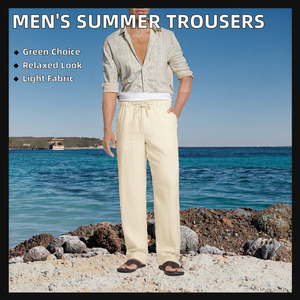 Pantalon décontracté homme en coton et lin pour le printemps, taille mi-haute, fermeture éclair, léger, sergé, devant plat, poches droites, style Oxford, vente en gros - Product Image 3