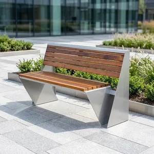 Modern Outdoor Garden <b>Bench</b> with Wooden Slat Seat Backrest and Silver Metal Frame for Park Patio Lawn Public Seating - Product Image 5