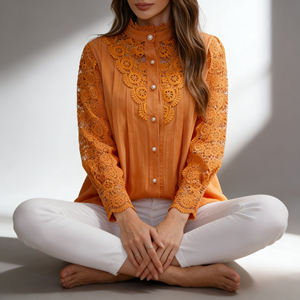 Oferta especial en Temu |   Blusa de encaje naranja a la moda para mujer, cuello alto, corte holgado, manga larga, estilo túnica con botones - Product Image 2