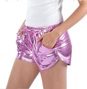 Shorts Deportivos de Cintura Alta con Cordón Ajustable en Color Rosa Metálico para Mujer - Product Image 3