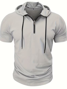 T-shirt à capuche à manches courtes pour homme, couleur unie, tricoté, coupe classique, écologique, respirant, en polyester/coton compressé teint uni - Product Image 3