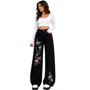 Jean large noir brodé floral pour femme, taille haute, coupe ample, style vintage, décontracté, mode, vêtements personnalisés OEM ODM - Product Image 1