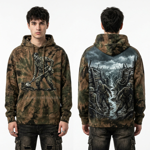 Unique Tie Dye Effect Hoodie Trench Horror Scene Graphic Mens Premium French <b>Terry</b> Pullover Custom Apparel Manufacturing <b>Bulk</b> - Product Image 1