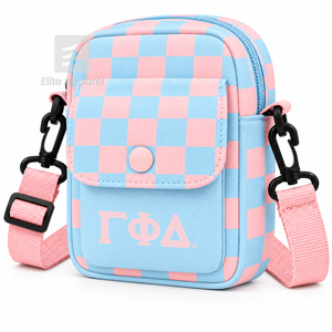 Bolso Bandolera Personalizado de la Hermandad Gamma Phi Delta con Logotipo Bordado en la Parte Delantera, Cierre con Botón Azul Cielo y Rosa, Uso Diario Informal para Mujer - Product Image 2