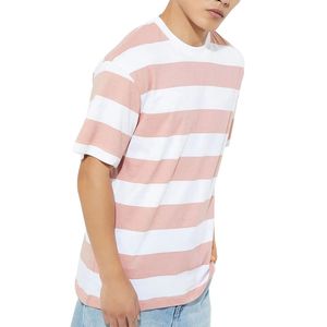 เสื้อยืดผู้ชายสีชมพูขาวลายทางแนวนอน ผ้าฝ้าย คอกลม แขนสั้น ทรงโอเวอร์ไซส์ สไตล์ลำลอง เสื้อฤดูร้อน ระบายอากาศได้ดี ทรงหลวม - Product Image 3