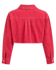 Veste en jean courte pour femme, rouge vif personnalisée, avec fermeture boutonnée sur le devant ornée de strass, manches longues, style streetwear tendance - Product Image 2