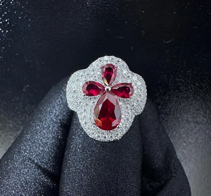 Bague florale de luxe en moissanite rouge, argent 925, grappe de pierres précieuses étincelantes, bijou de déclaration élégant, cadeau de mode pour femme, style - Product Image 1