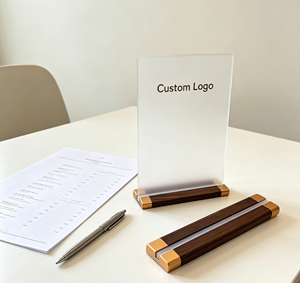 Support d'affichage en acrylique avec logo personnalisé, base en bois, porte-panneau, cadre de menu transparent pour restaurant, bureau, promotion en magasin - Product Image 2