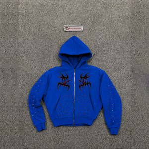 NOUVEAU SWEATSHIRT À CAPUQUE ZIPPÉ BLEU AVEC STRASS, GRAPHIQUE TRIBAL GOTHIQUE, Y2K, STREETWEAR, SURTAILLE, PUNK, À CLIPSES, GRUNGE - Product Image 5