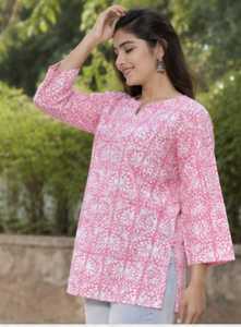 Wholesale <b>Indian</b> Hand Block Printed Pink Cotton Tank <b>Tops</b> Casual Summer Animal Vintage Quick Dry Eco-Friendly Breathable Women - Product Image 2