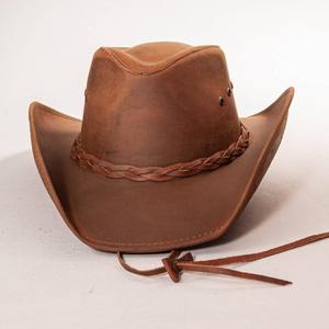 Chapeau de cowboy en cuir véritable de qualité supérieure, à large bord, style western ranch outback, avec bande tressée et sangle de mentonnière, taille personnalisée - Product Image 1
