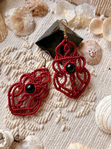 HARI OM CREATIONS Handmade <b>Red</b> Macrame Drop <b>Earrings</b> Black Onyx Bead Bohemian Style Women's Jewelry Black Rhodium Plated - Product Image 2