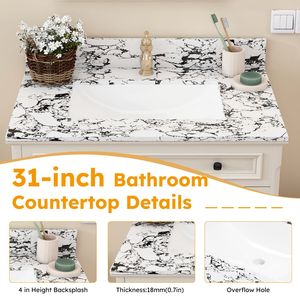 Top per Mobile Bagno in Marmo Artificiale 31x22 Pollici con 1 Lavabo in Ceramica Pre-Forato da Incasso e Paraschizzi - Product Image 6