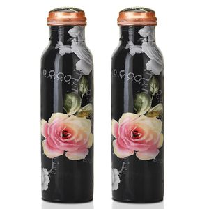 Bouteille d'eau en cuivre noire à motif floral, gourde de voyage portable avec motif rose et couvercle en cuivre - Product Image 1