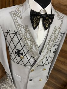 Costume de smoking blanc sur mesure pour homme, double boutonnage, broderie noire, ornements en chaîne, devant plat, Shilpa Creation Viscose Plus - Product Image 4