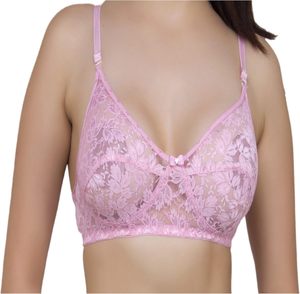 Sujetador de encaje floral rosa sin relleno, copas suaves, malla transparente, sin aros, transpirable, lencería con tirantes ajustables, comodidad diaria, sujetador para mujer - Product Image 5