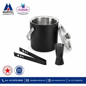 Stainless Steel Classic Double Wall Ice <b>Bucket</b> Set <b>Lid</b> Ice Tongs Cocktail Jigger Matte Black Finish 3L Capacity Food Contact - Product Image 2
