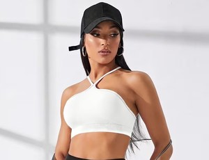 Female Halter Cross Neck Running Bra Ribbed Band Spaghetti Strap Athleisure <b>Crop</b> <b>Top</b> Custom Logo Heat Transfer Printable - Product Image 2