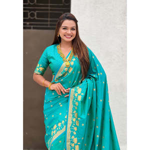 Sari en soie Pichwai tissé Zari bleu aqua Elite Weaves, élégant pour les soirées cocktails - Product Image 1