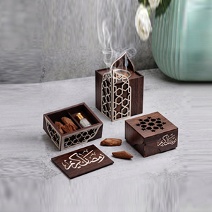 Ensemble de brûleurs à bakhoor arabes en bois faits à la main avec des motifs géométriques découpés au laser. Décoration d'intérieur haut de gamme pour l'exportation internationale - Product Image 5