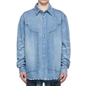 Chemises en jean de coton pour hommes, à manches longues, respirantes, délavées, boutonnées, bleues, coupe classique, effet usé - Product Image 5