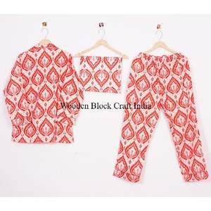 ชุดนอนผ้าฝ้ายทำมือสไตล์อินเดียสำหรับผู้หญิง ลายพิมพ์อิคัต ระบายอากาศได้ดี นุ่ม แห้งเร็ว สวมใส่สบาย ชุดนอนขายาวสำหรับฤดูร้อน - Product Image 4