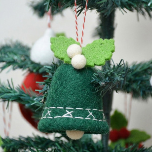 Green Wool Felt <b>Christmas</b> Bell Ornament with Leaves and <b>White</b> Pom Pom Tree Hanging <b>Decoration</b> Handicraft - Product Image 4