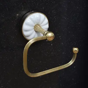 New Design High Quality Decorative Brass Ceramic Floral Base Wall Mounted Toilet Roll Holder Golden Bathroom Accessories BTPH-15