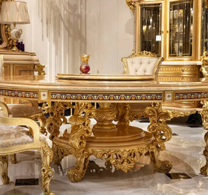 Ensemble de table à manger en teck massif doré royal de luxe, sculpté à l'ancienne, écologique, pour hôtel, villa, meubles de salle à manger - Product Image 2