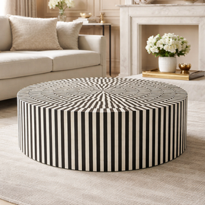 <b>Round</b> Coffee <b>Table</b> Modern Bone Inlay Resin Inlay Living Room Center <b>Table</b> Black and <b>White</b> Pattern - Product Image 1