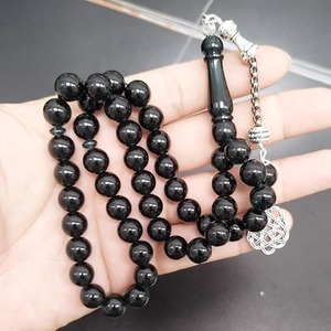 Chapelet de prière religieux en résine fait main, vert foncé, avec breloque nœud argenté, Tasbih musulman de créateur émaillé - Product Image 2