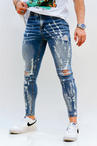 Pantalones vaqueros de mezclilla fina para hombre, estilo casual, con roturas, corte regular, desgastados, estilo cowboy clásico, elegantes e informales - Product Image 2