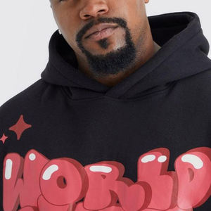 Sweat à capuche noir entièrement neuf en molleton avec logo arqué personnalisé rouge – Imprimé graphique étoile en strass – Pull streetwear haut de gamme - Product Image 3