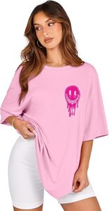 T-shirt rose surdimensionné pour femme, imprimé Smiley de dessin animé, coupe ample, manches courtes, col rond, jersey de coton, haut printemps-été - Product Image 5