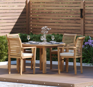 ชุดโต๊ะรับประทานอาหารกลางแจ้งไม้สักแท้ 4 ที่นั่ง พร้อมเก้าอี้มีพนักแขน ดีไซน์ทรอปิคอล ผิวสัมผัสธรรมชาติ เป็นมิตรกับสิ่งแวดล้อม เหมาะสำหรับโรงแรม วิลล่า และรีสอร์ท - Product Image 4