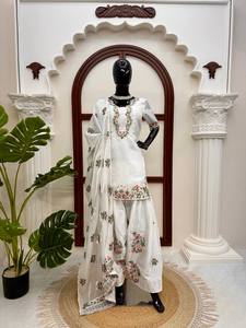 Women's White Floral Embroidered Kurta Pant Dupatta Set Designer Ethnic Salwar Suit Traditional Indian Festive Party Wear - Product Image 2