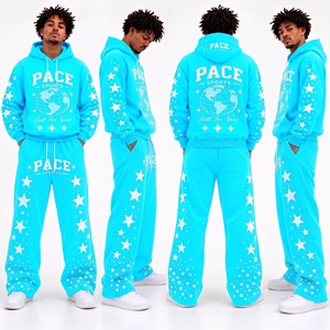 <b>men</b> vintage bright cyan blue tracksuit pullover hoodie star graphic print baggy wide leg sweatpants heavy fleece <b>2</b> <b>piece</b> <b>set</b> - Product Image 1