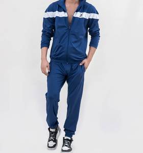 Ensemble de survêtement pour homme bleu à blocs de couleur, veste zippée à col montant et pantalon de jogging, streetwear, vêtements de sport - Product Image 1