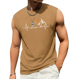 Débardeurs pour hommes, produits tendance, débardeur rose sans manches pour hommes avec imprimé palmier et battement de cœur, col rond, ensemble décontracté - Product Image 5